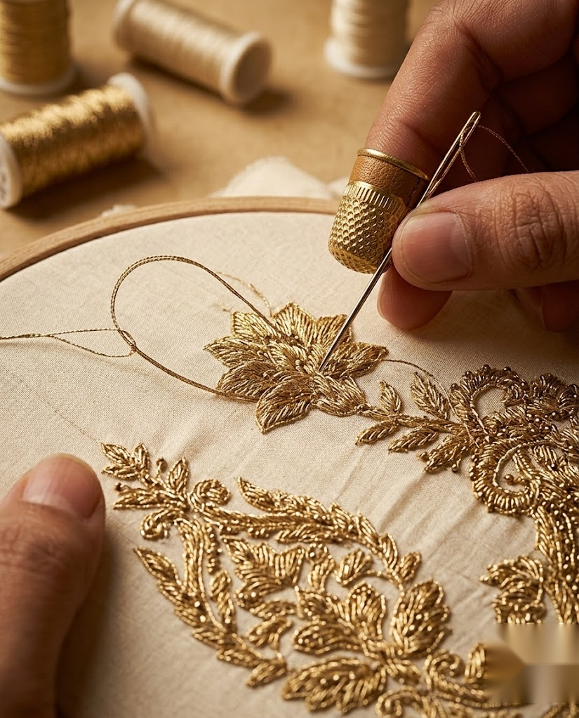 Gold zari thread embroidery detail
