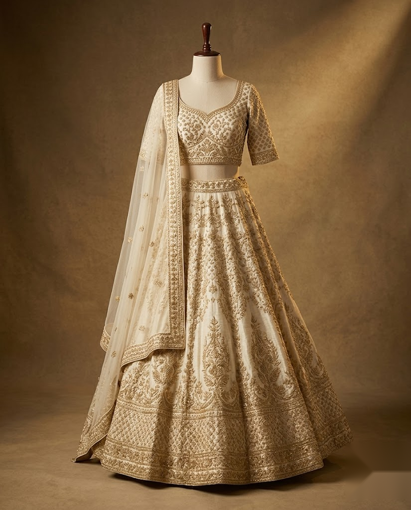 Aiva Zari ivory gold bridal lehenga